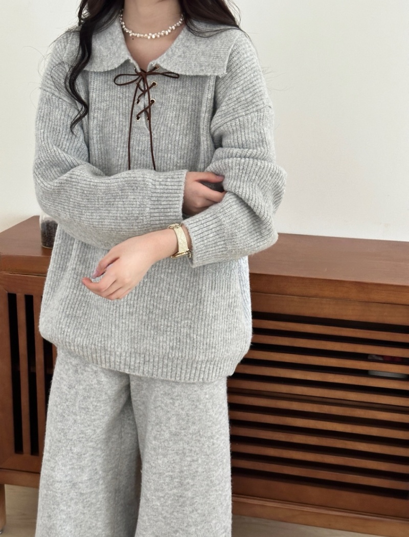 Lapel Korean style sweater bow wide leg pants 2pcs set