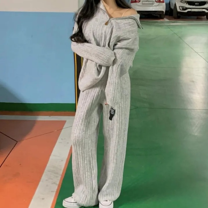 Loose wide leg pants sweater 2pcs set for women