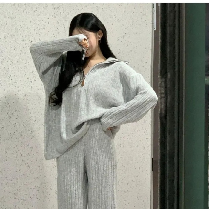 Loose wide leg pants sweater 2pcs set for women