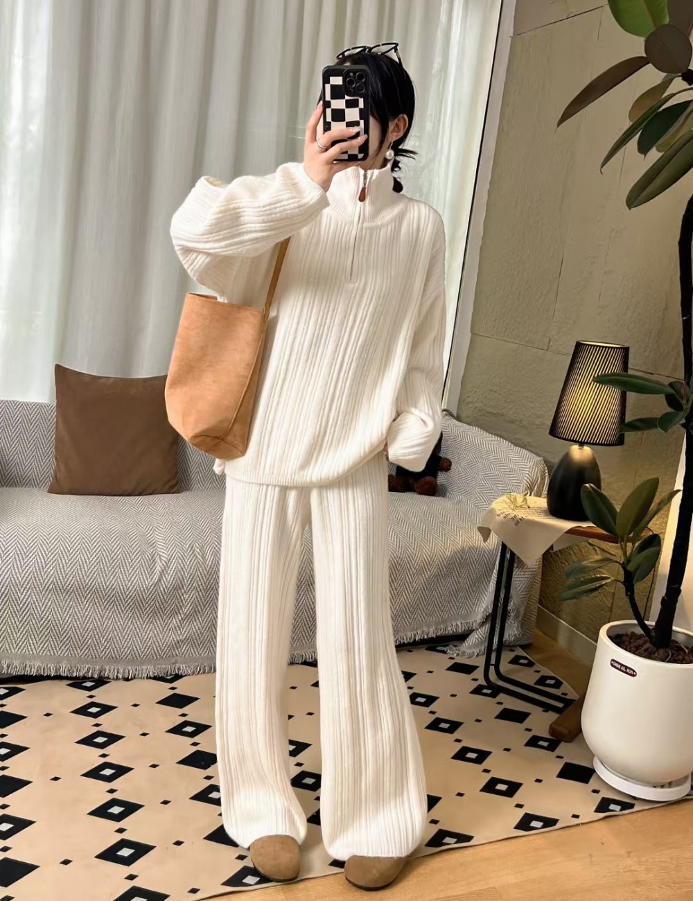 Loose wide leg pants sweater 2pcs set for women