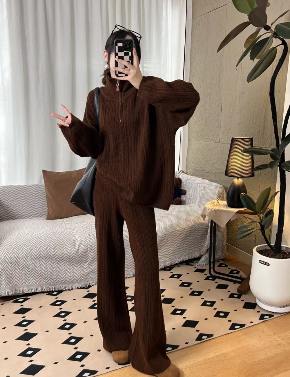 Loose wide leg pants sweater 2pcs set for women
