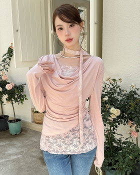 Pseudo-two lace bottoming shirt slim splice small shirt
