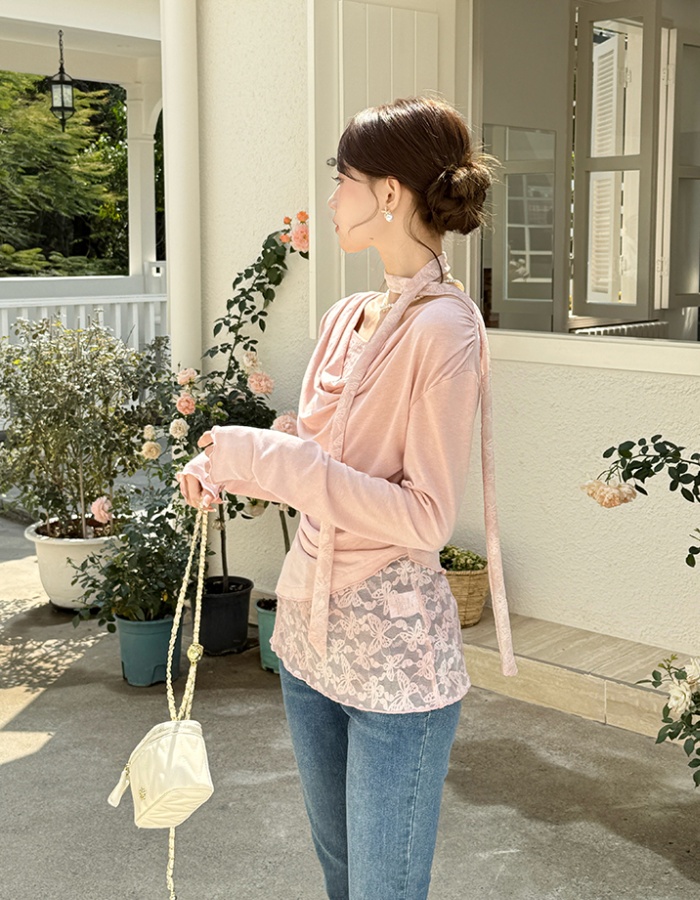 Pseudo-two lace bottoming shirt slim splice small shirt