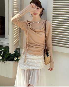 Gauze pure autumn tops lace knitted skirt 2pcs set