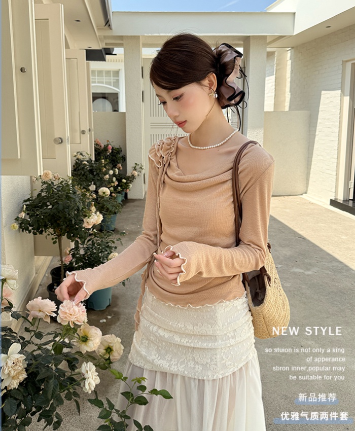 Gauze pure autumn tops lace knitted skirt 2pcs set