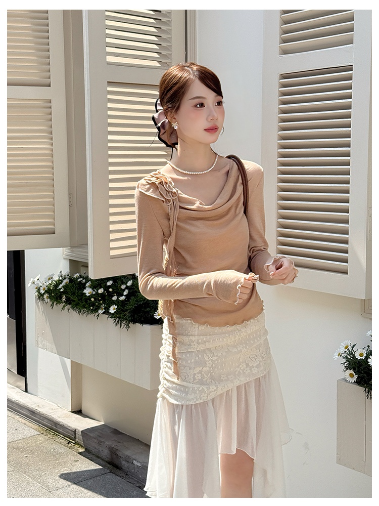 Gauze pure autumn tops lace knitted skirt 2pcs set