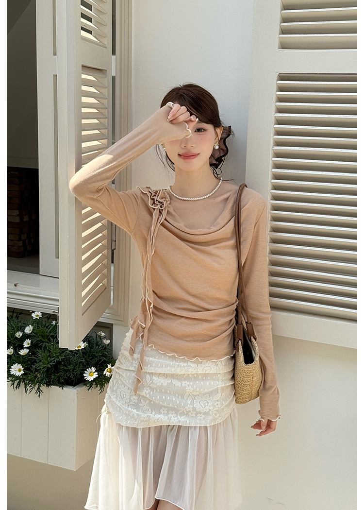 Gauze pure autumn tops lace knitted skirt 2pcs set