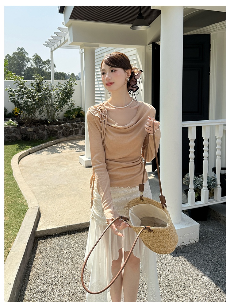Gauze pure autumn tops lace knitted skirt 2pcs set