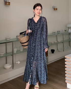 Long sleeve chiffon fold romantic France style floral dress