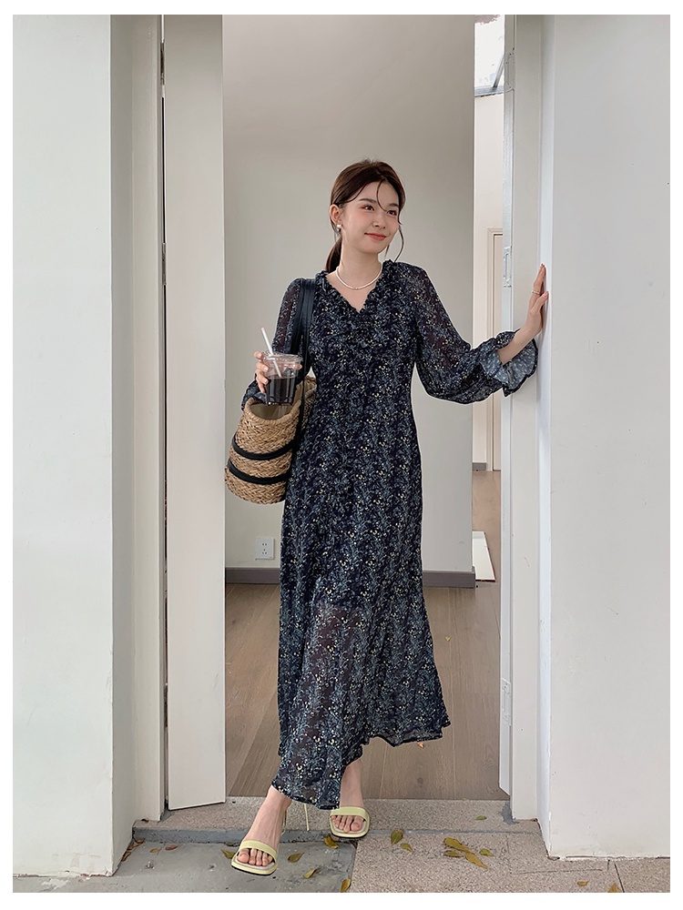 Long sleeve chiffon fold romantic France style floral dress