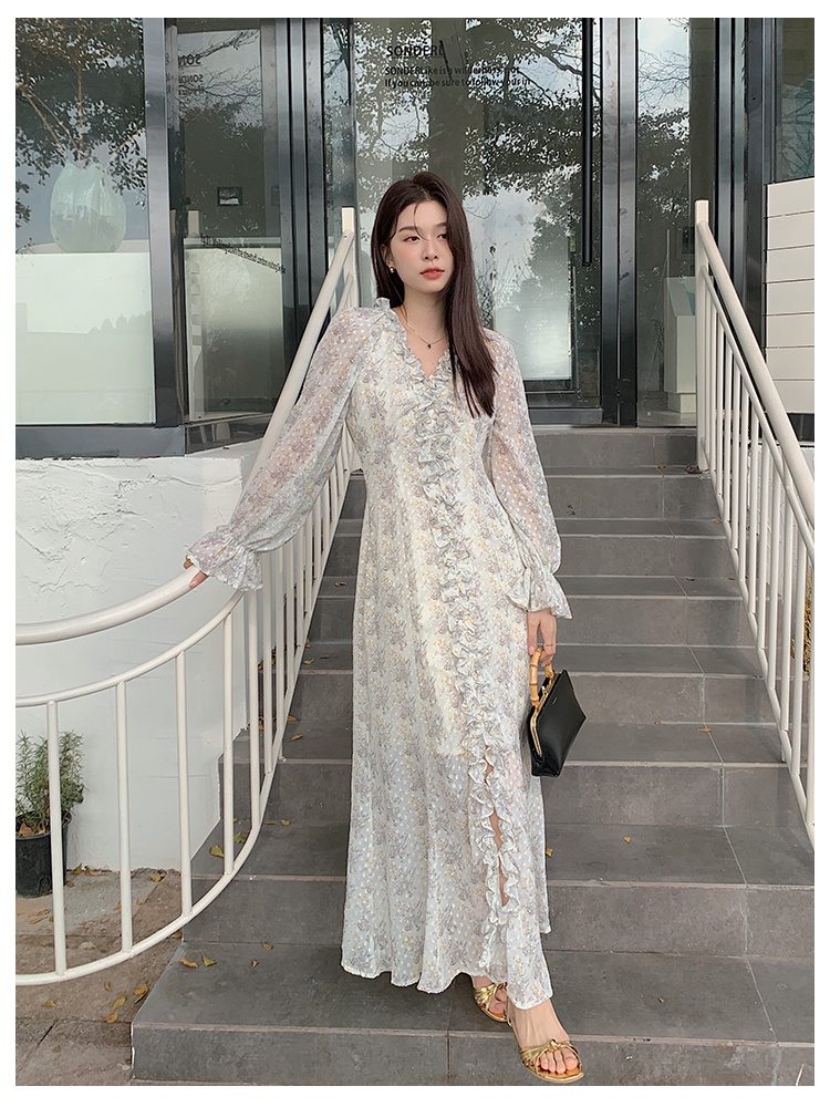 Long sleeve chiffon fold romantic France style floral dress