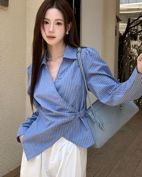Autumn retro tops stripe long sleeve shirt for women