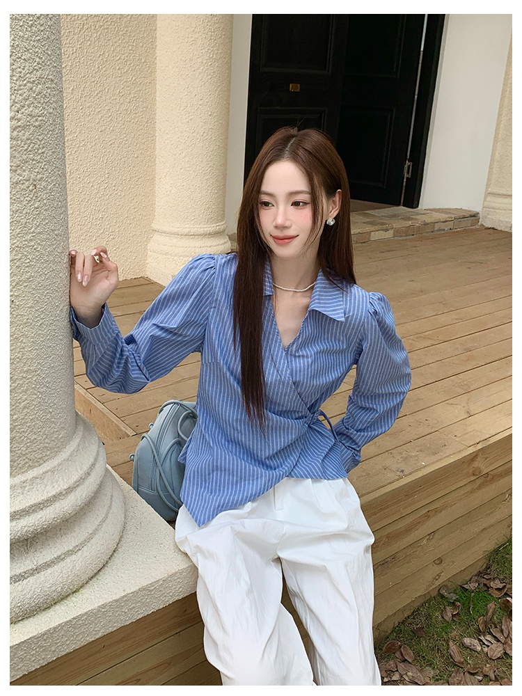 Autumn retro tops stripe long sleeve shirt for women
