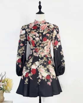 Cstand collar printing belt pinched waist T-back for women