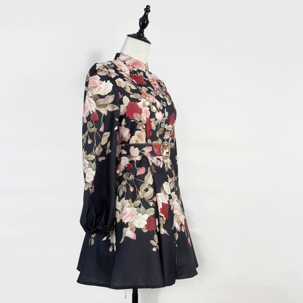 Cstand collar printing belt pinched waist T-back for women