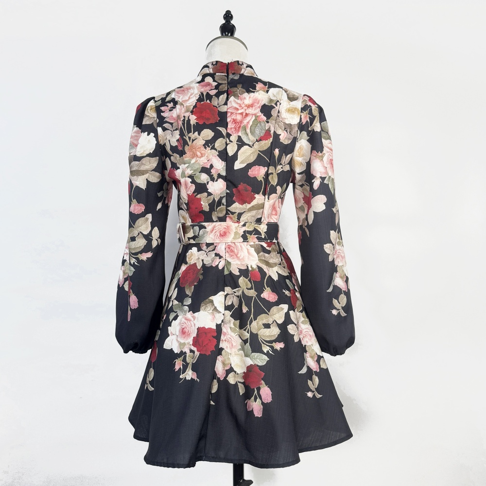 Cstand collar printing belt pinched waist T-back for women