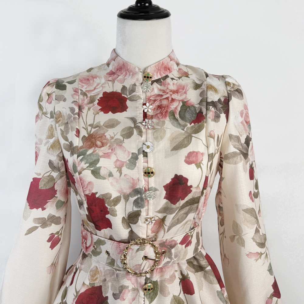 Cstand collar printing belt pinched waist T-back for women