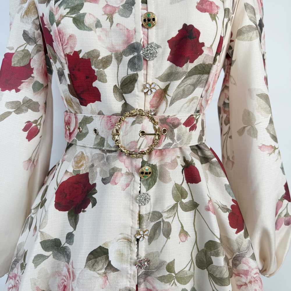 Cstand collar printing belt pinched waist T-back for women