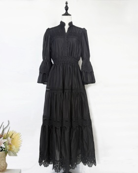 Hollow autumn trumpet sleeves European style long lace dress