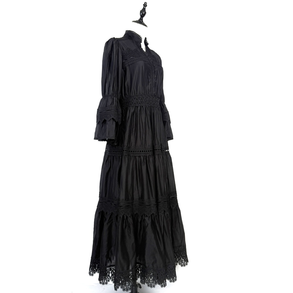 Hollow autumn trumpet sleeves European style long lace dress