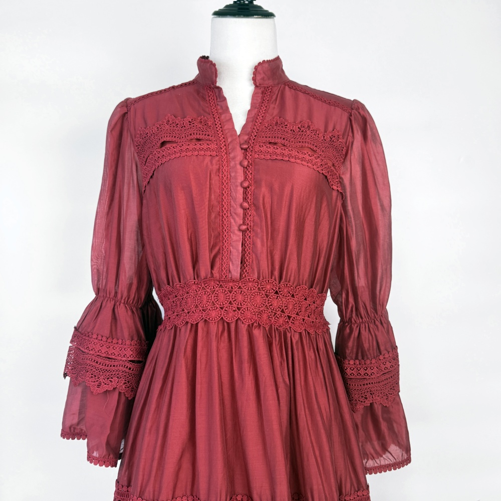 Hollow autumn trumpet sleeves European style long lace dress