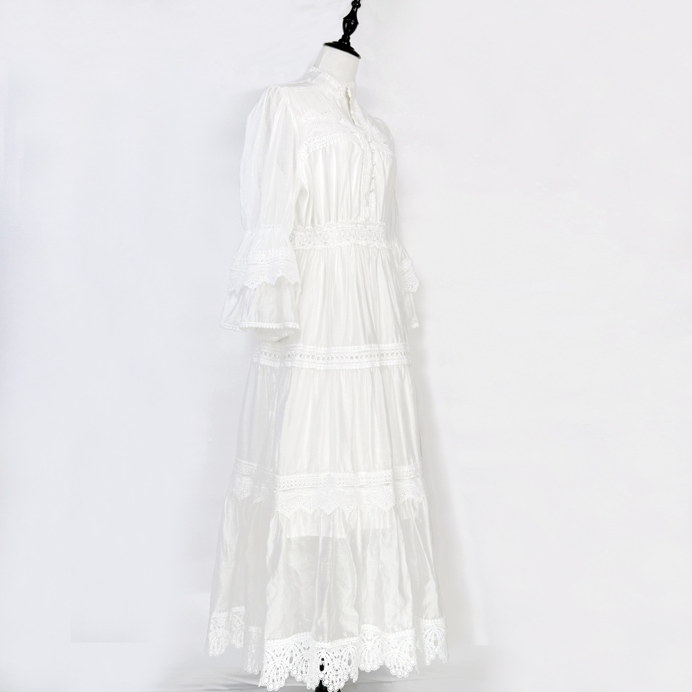 Hollow autumn trumpet sleeves European style long lace dress