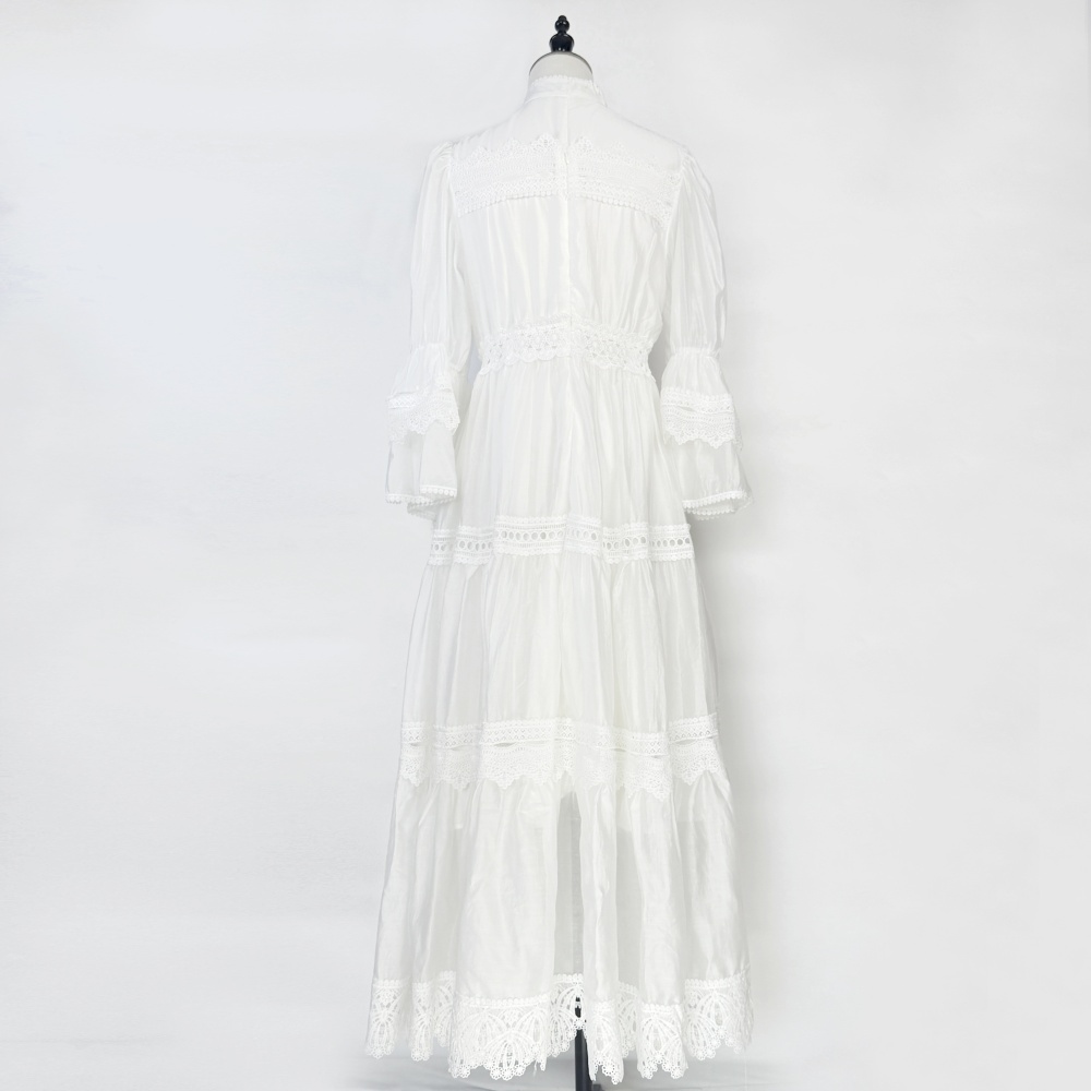 Hollow autumn trumpet sleeves European style long lace dress