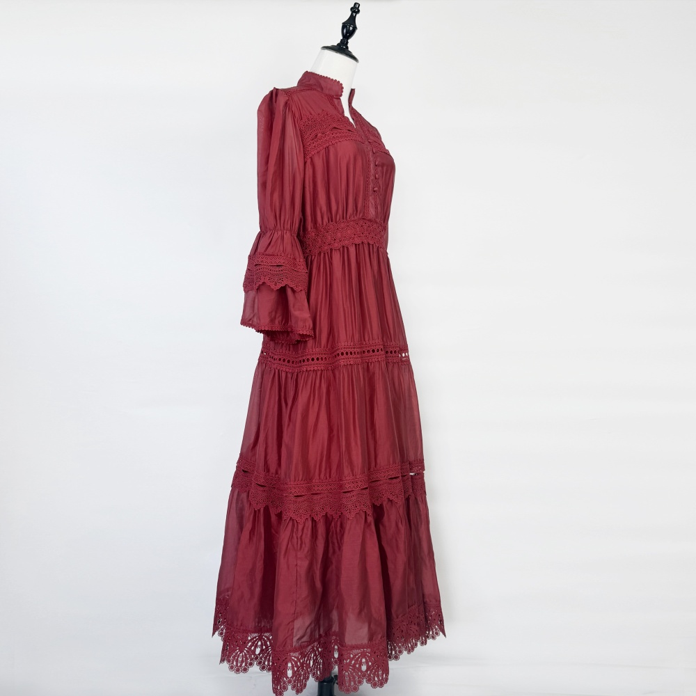 Hollow autumn trumpet sleeves European style long lace dress
