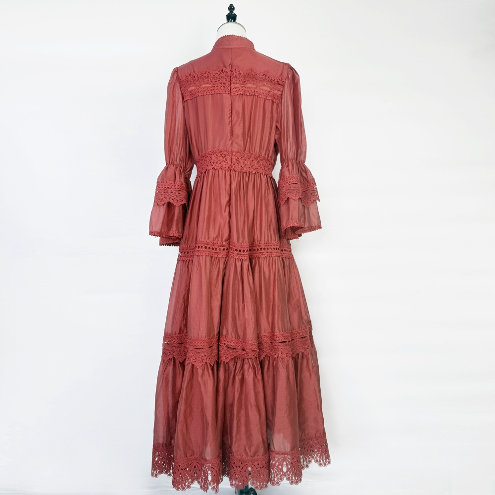 Hollow autumn trumpet sleeves European style long lace dress