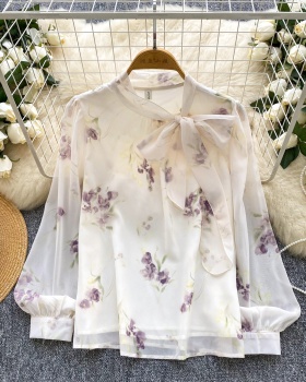 Autumn printing tender tops bow chiffon shirt for women