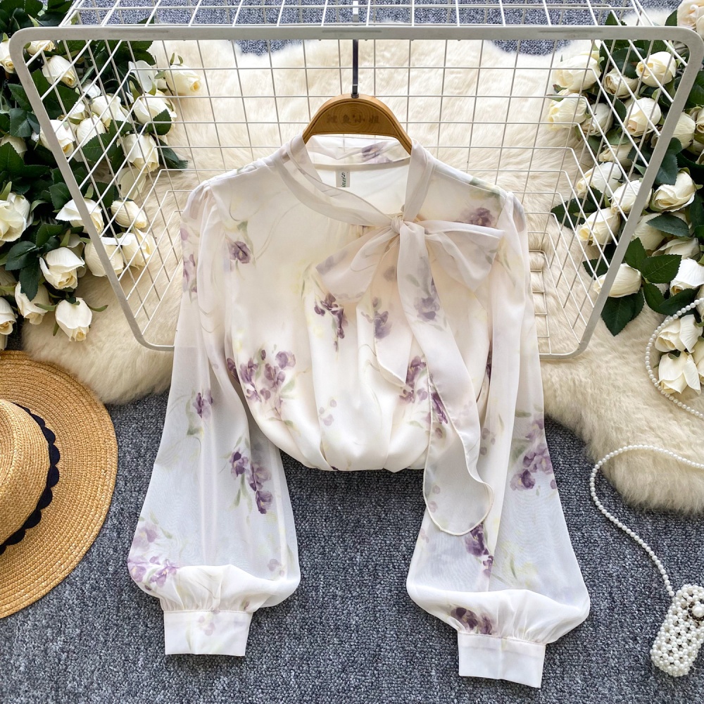 Autumn printing tender tops bow chiffon shirt for women