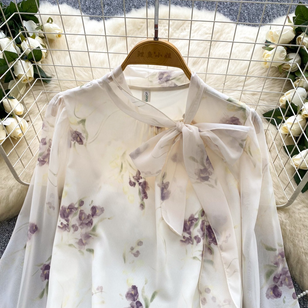 Autumn printing tender tops bow chiffon shirt for women