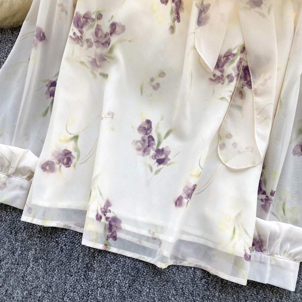 Autumn printing tender tops bow chiffon shirt for women