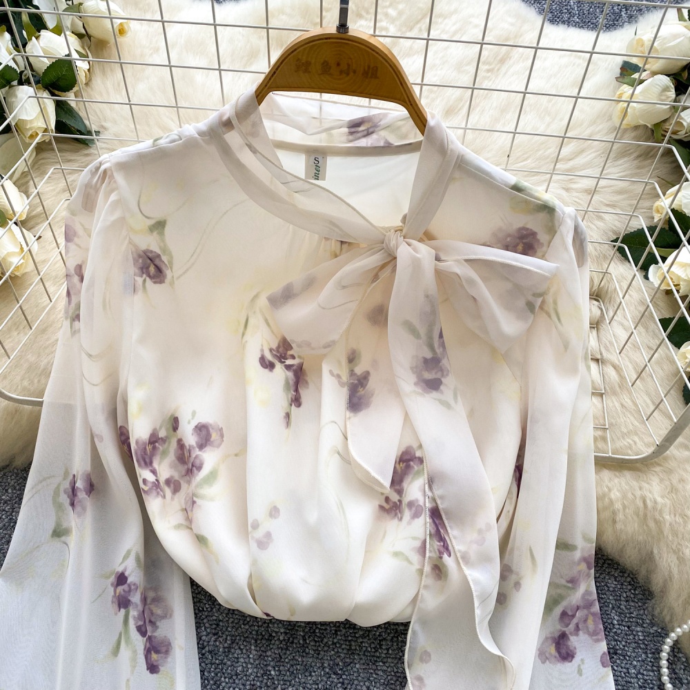 Autumn printing tender tops bow chiffon shirt for women