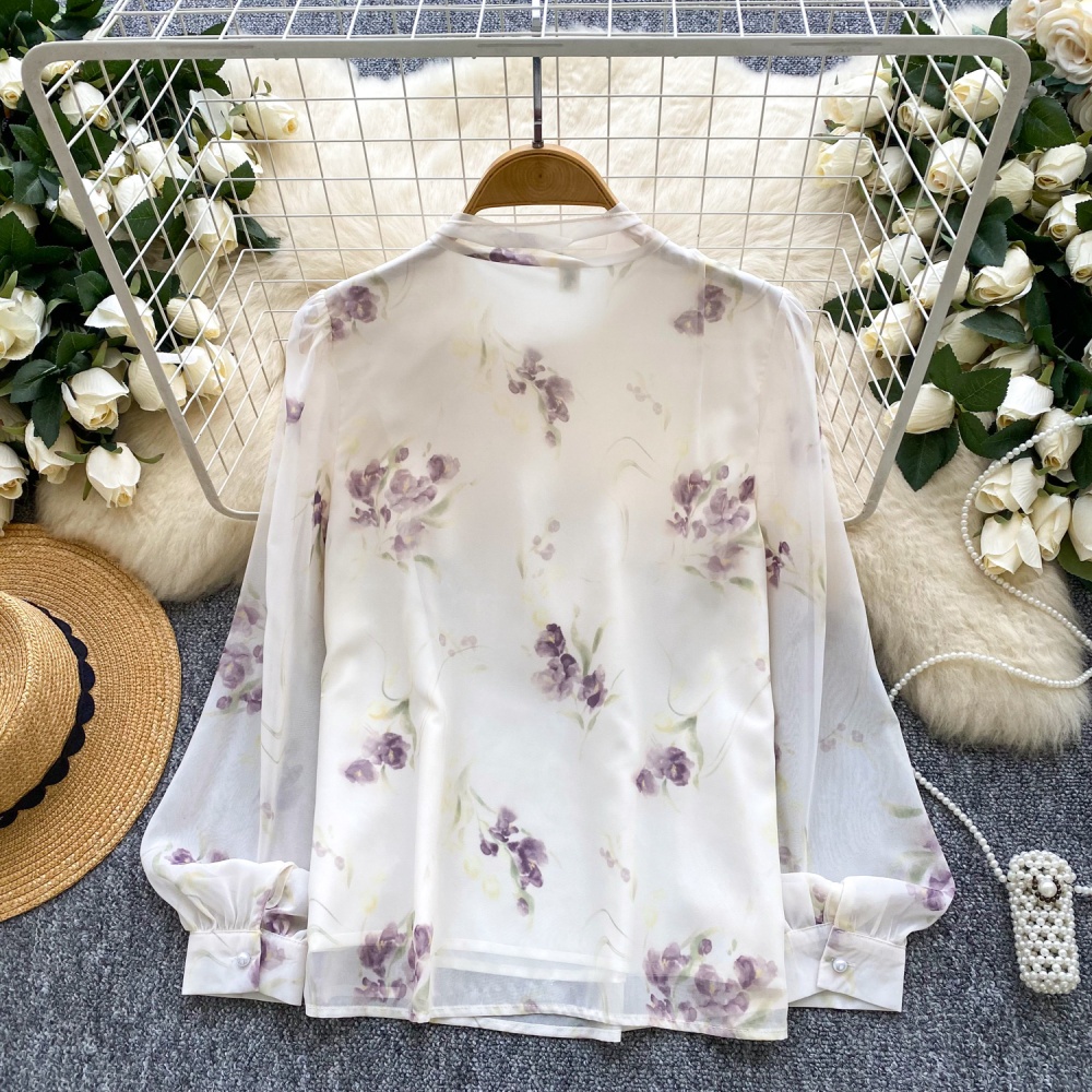 Autumn printing tender tops bow chiffon shirt for women