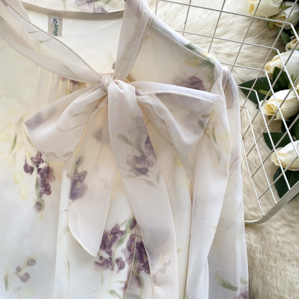 Autumn printing tender tops bow chiffon shirt for women