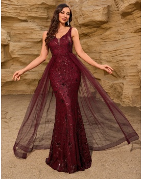 Party mermaid splice formal dress gauze wine-red dress
