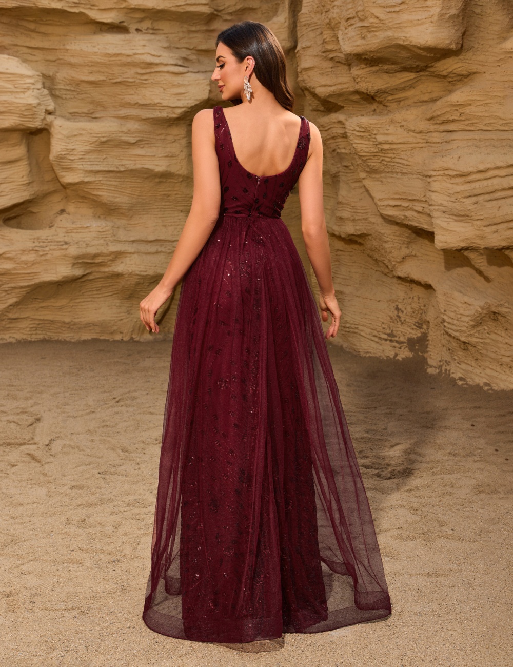 Party mermaid splice formal dress gauze wine-red dress