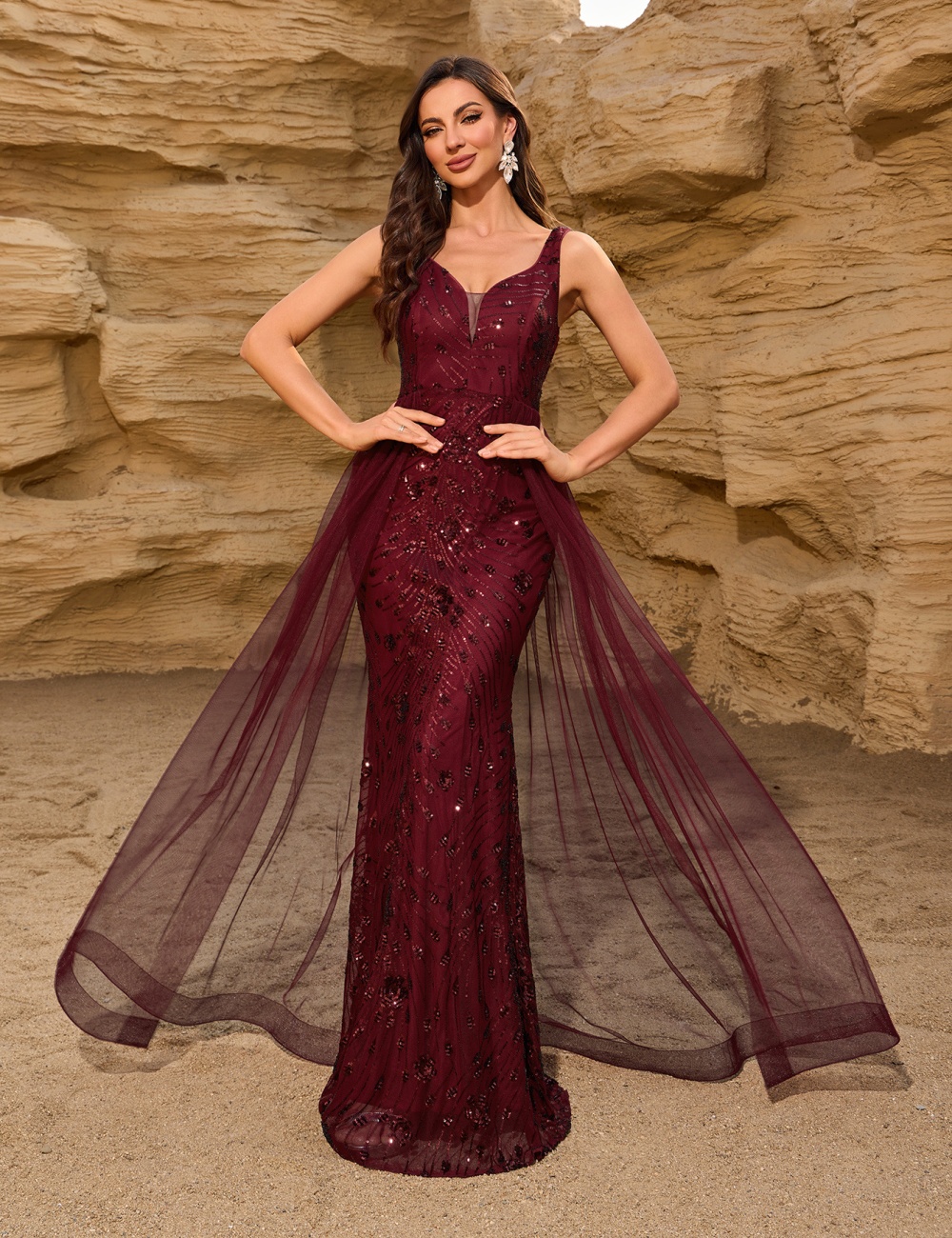 Party mermaid splice formal dress gauze wine-red dress