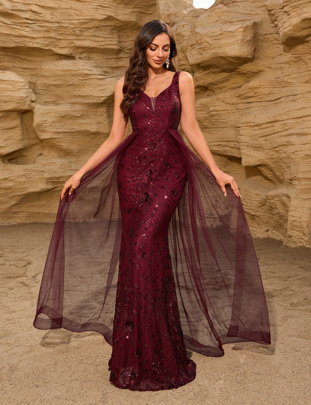 Party mermaid splice formal dress gauze wine-red dress