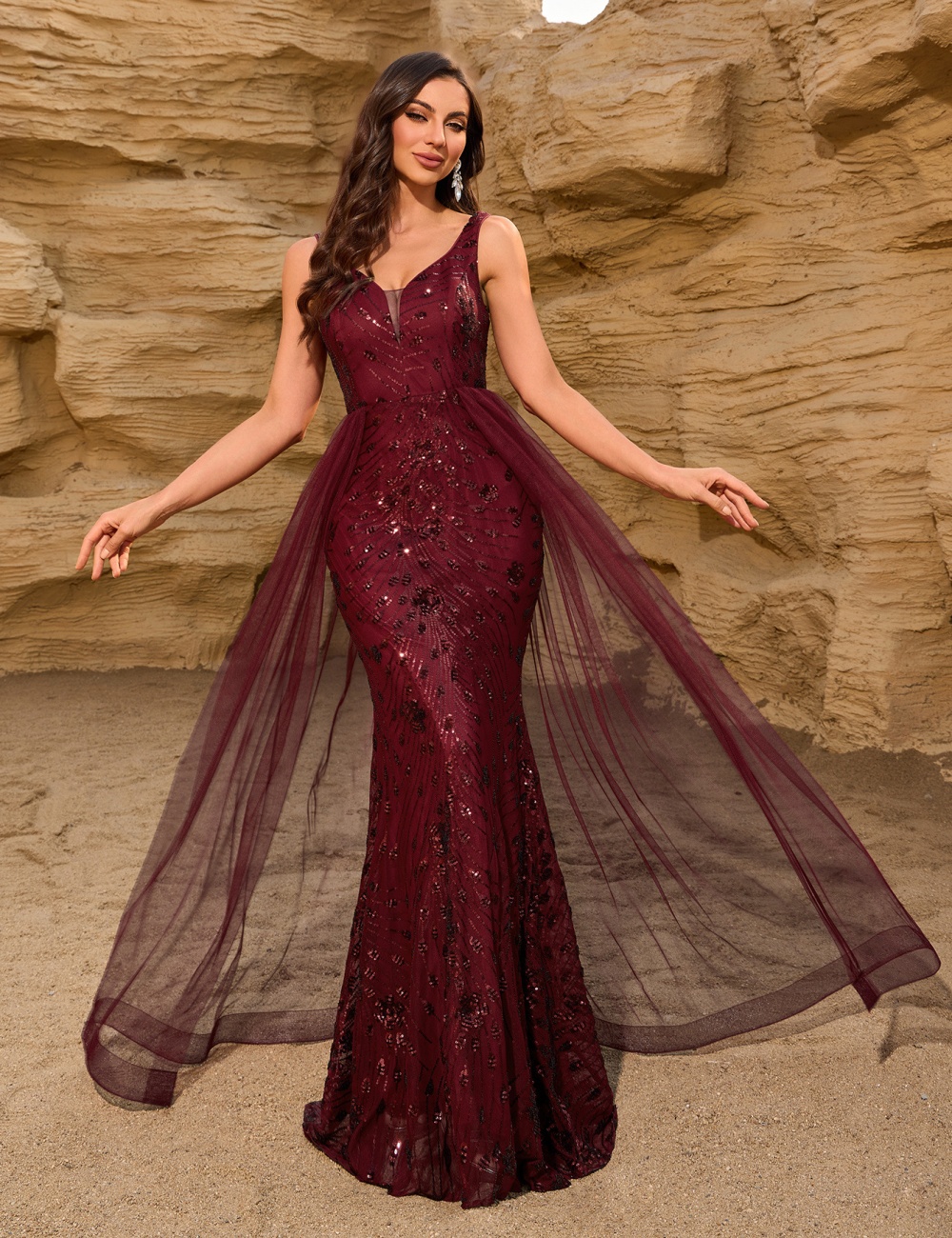 Party mermaid splice formal dress gauze wine-red dress