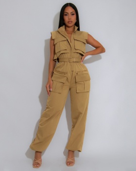 Many pocket cstand collar jumpsuit European style work clothing