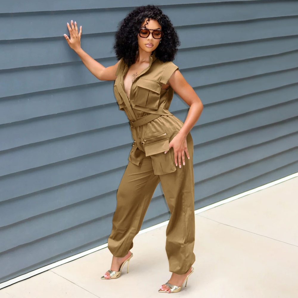 Many pocket cstand collar jumpsuit European style work clothing
