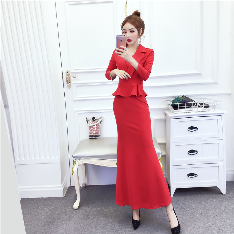 Autumn and winter formal dress package hip long dress