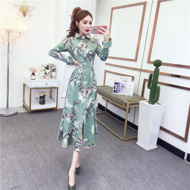 Slim printing fashion dress long leather cashmere coat