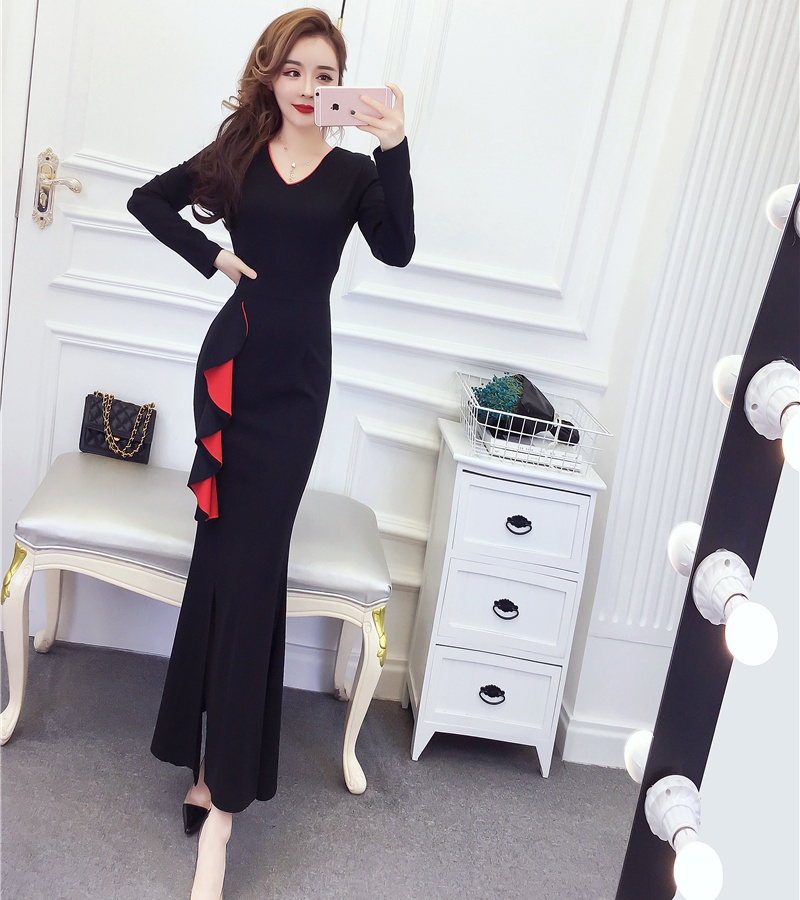 Autumn and winter lotus leaf edges dress split formal dress