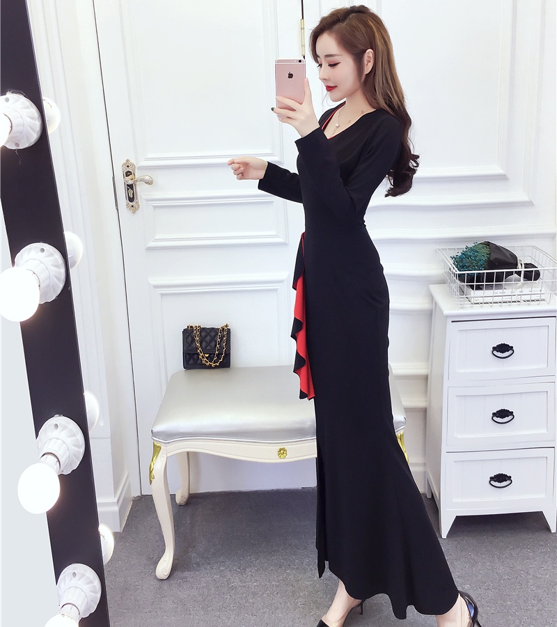 Autumn and winter lotus leaf edges dress split formal dress