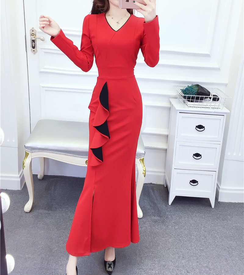 Autumn and winter lotus leaf edges dress split formal dress