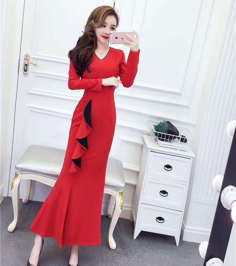 Autumn and winter lotus leaf edges dress split formal dress