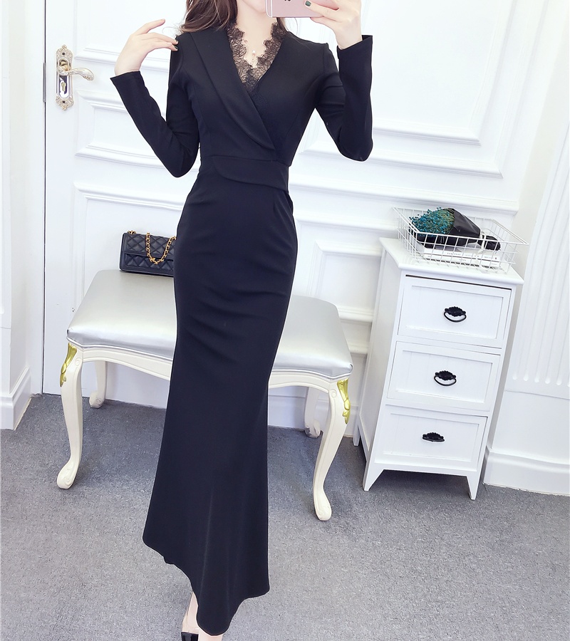 Package hip autumn and winter formal dress splice slim dress